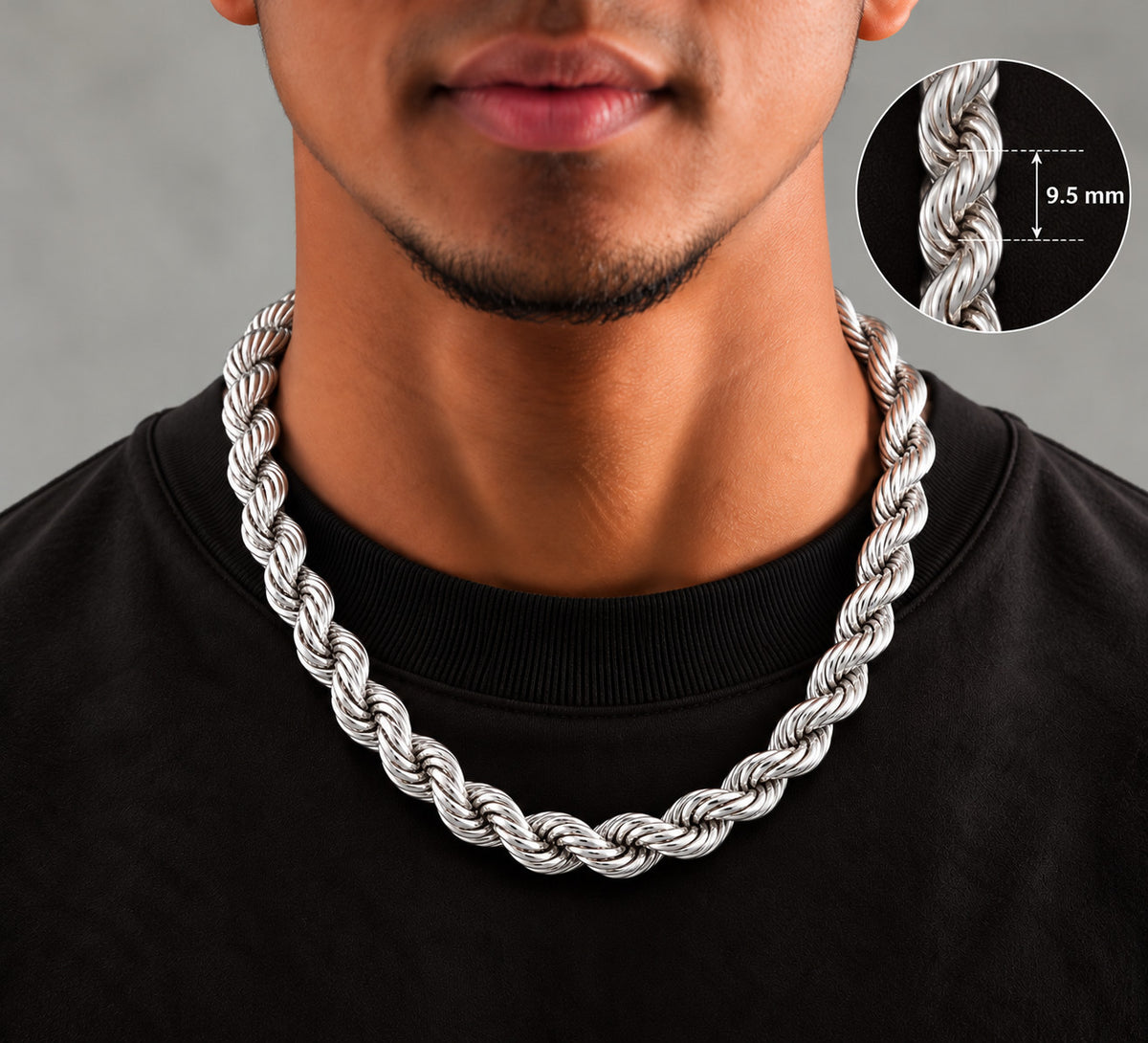 9.5mm 925 sterling silver diamond cut rope chain necklace